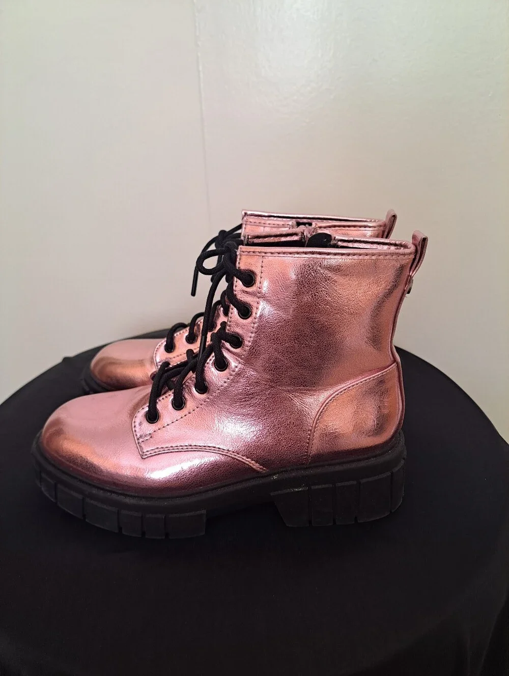 Metallic Pink Lace-Up Combat Boots with Chunky Black Sole